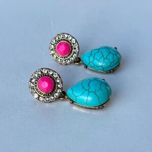 Fuchsia & Clear Rhinestone w/ Turquoise-Colored Howlite Drop Earrings